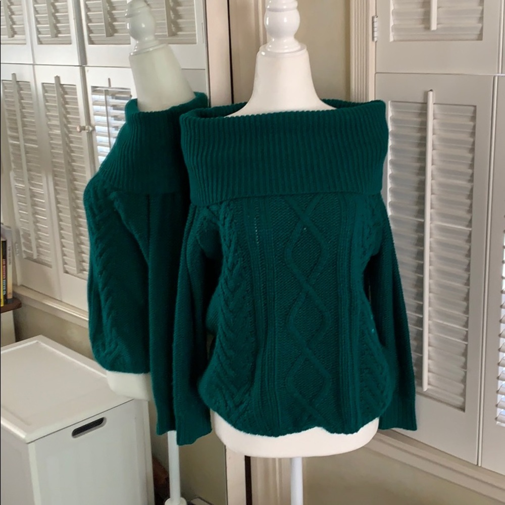 Green off the shoulder cowl neck sweater